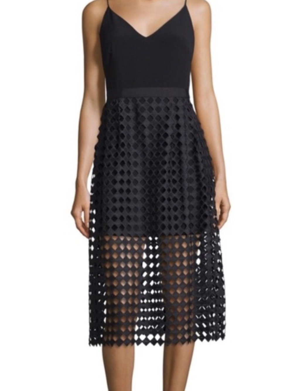 Cynthia Rowley Black Spaghetti-Strap Midi Dress with Lattice Mesh Skirt Size 4